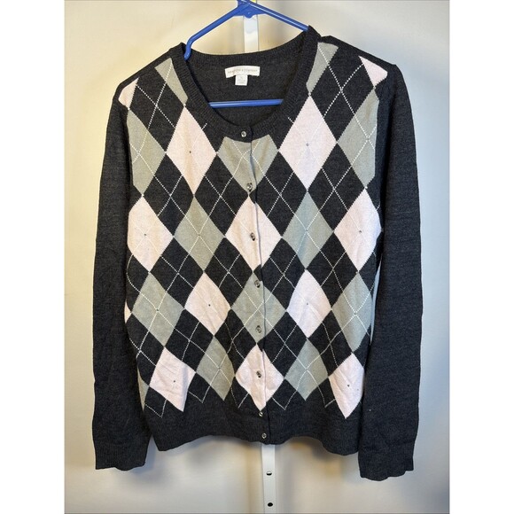 Y2K New York & Co Pink Argyle Sweater Cardigan Beaded Rhinestone XL Academia - Picture 1 of 4